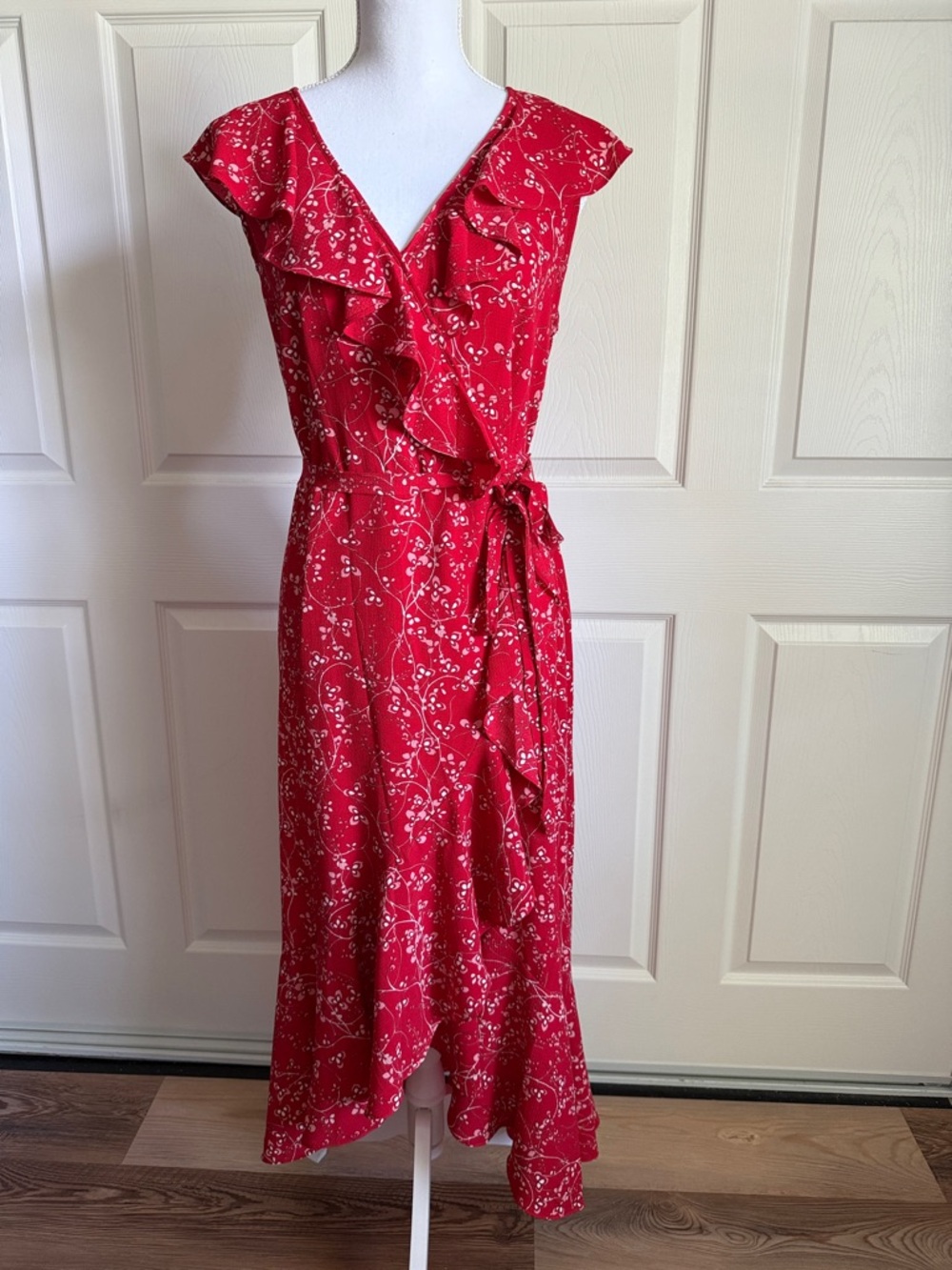 Max Studio Red Floral Ruffle Wrap Midi Dress